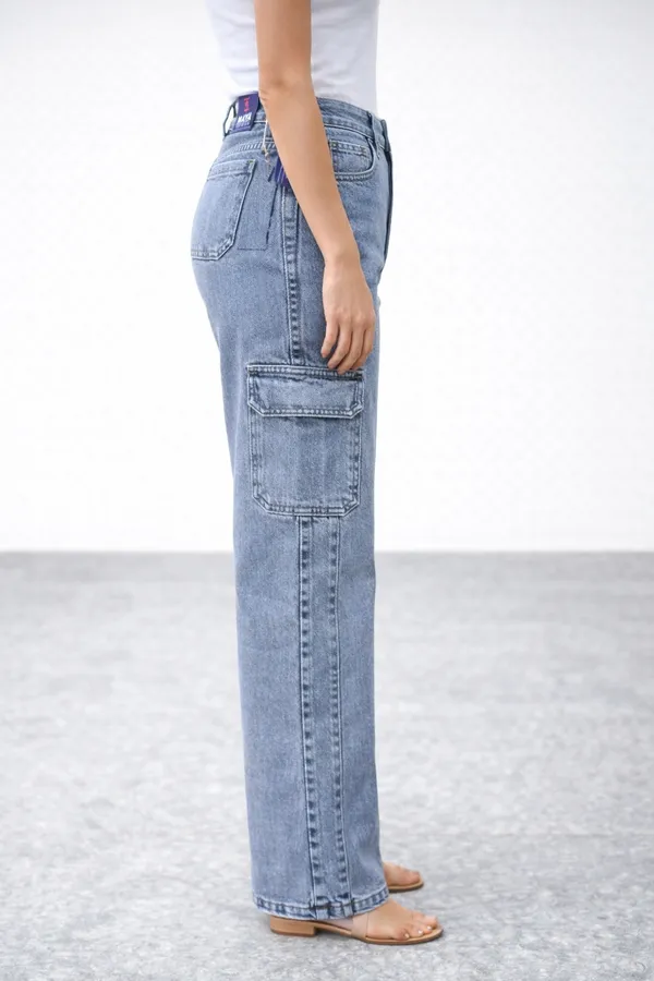Blue_High_Waisted_Cargo_Jeans_For_Women