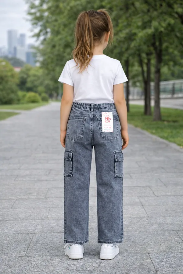Black_Cargo_Denim_Jeans_Washed_With_Elastic_Waist_For_Girls__age_7_to_16