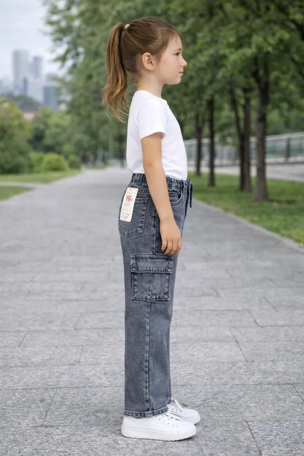 Black_Cargo_Denim_Jeans_Washed_With_Elastic_Waist_For_Girls__age_7_to_16