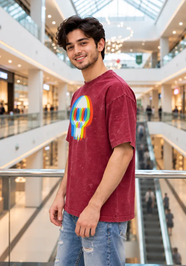 Hue_Nox_Men's_Maroon_Skull_Glitch_Graphic_Oversized_Acid_Washed_T-Shirt