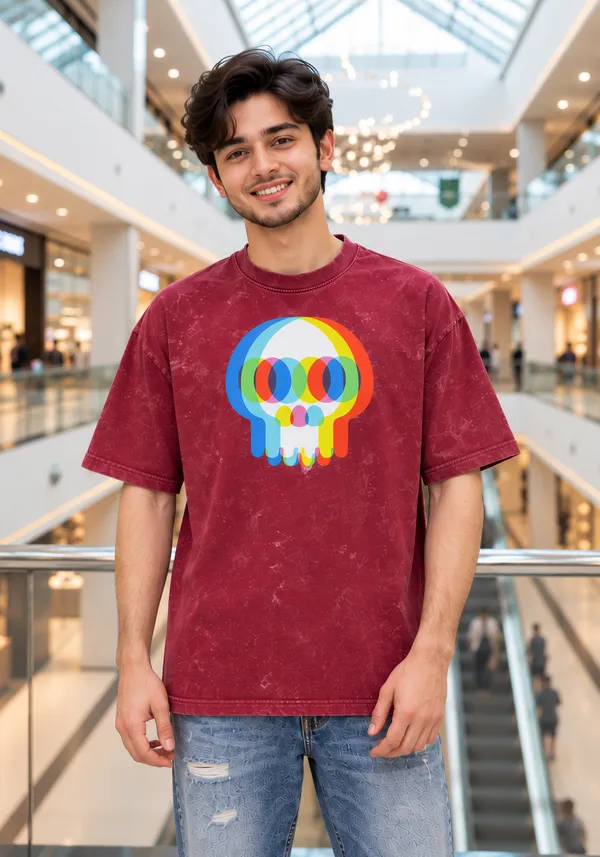 Hue_Nox_Men's_Maroon_Skull_Glitch_Graphic_Oversized_Acid_Washed_T-Shirt