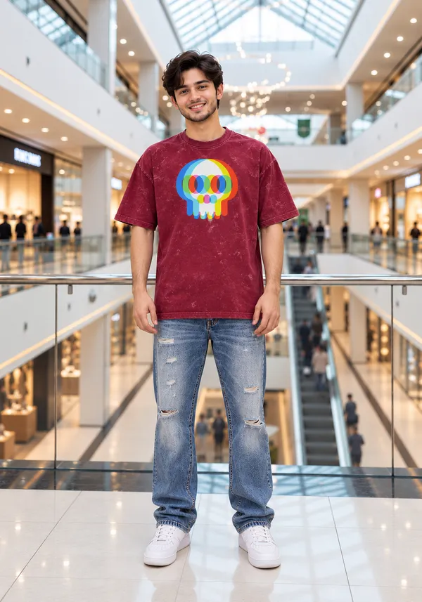Hue_Nox_Men's_Maroon_Skull_Glitch_Graphic_Oversized_Acid_Washed_T-Shirt