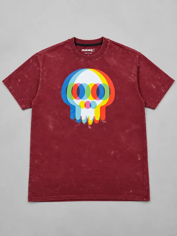 Hue_Nox_Men's_Maroon_Skull_Glitch_Graphic_Oversized_Acid_Washed_T-Shirt