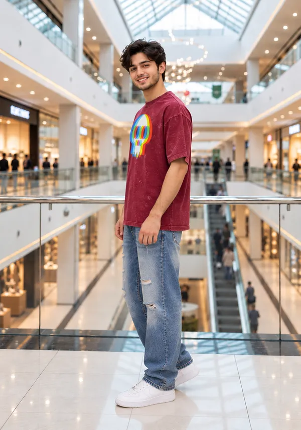 Hue_Nox_Men's_Maroon_Skull_Glitch_Graphic_Oversized_Acid_Washed_T-Shirt