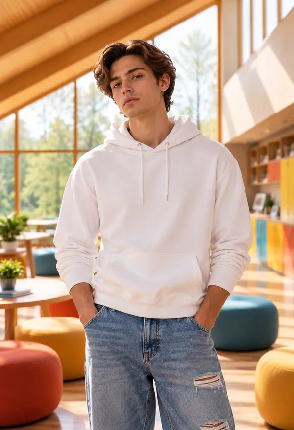 Hue_Nox_Men's_White_Solid_Drop-Shoulder_Hoodie
