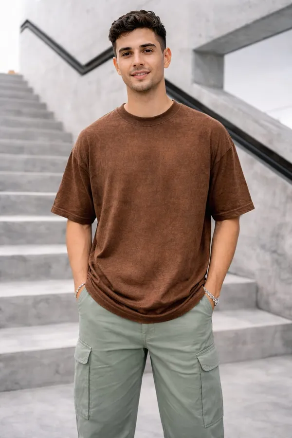 Hue_Nox_Men's_Brown_Plain_Oversized_Acid_Washed_T-Shirt