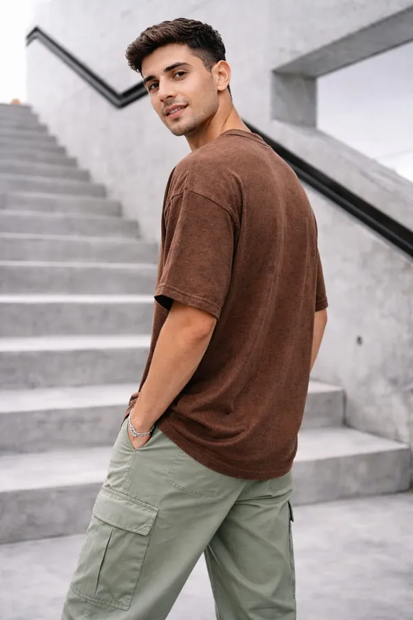 Hue_Nox_Men's_Brown_Plain_Oversized_Acid_Washed_T-Shirt