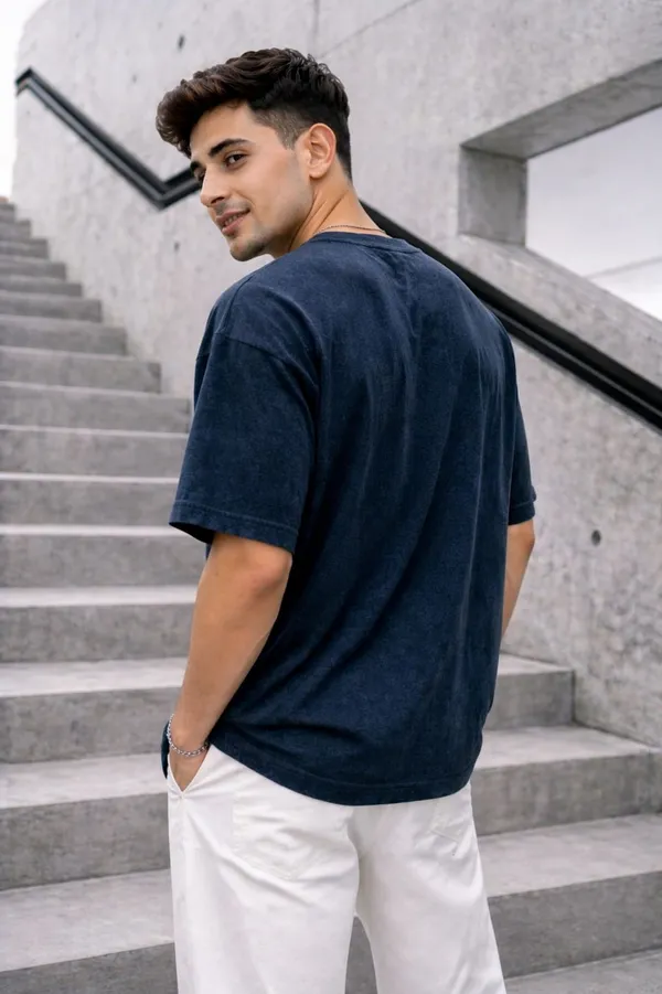 Hue_Nox_Men's_Navy_Plain_Oversized_Acid_Washed_T-Shirt