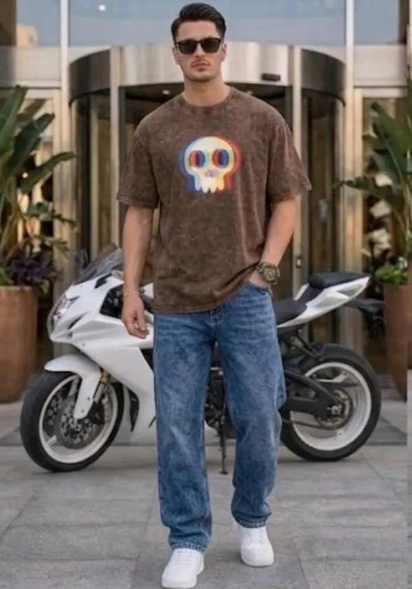 Hue_Nox_Men's_Brown_Skull_Glitch_Graphic_Oversized_Acid_Washed_T-Shirt