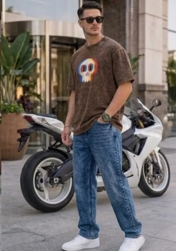 Hue_Nox_Men's_Brown_Skull_Glitch_Graphic_Oversized_Acid_Washed_T-Shirt