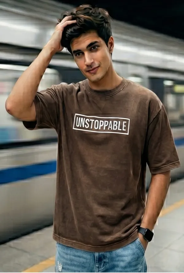Hue_Nox_Men's_Brown_Unstoppable_Graphic_Oversized_Acid_Washed_T-Shirt