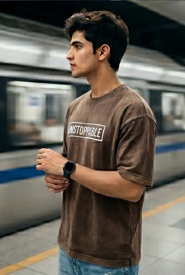 Hue_Nox_Men's_Brown_Unstoppable_Graphic_Oversized_Acid_Washed_T-Shirt