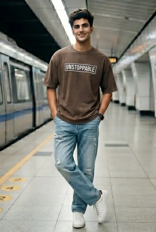 Hue_Nox_Men's_Brown_Unstoppable_Graphic_Oversized_Acid_Washed_T-Shirt