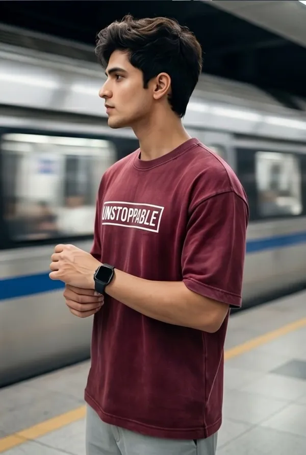 Hue_Nox_Men's_Maroon_Unstoppable_Graphic_Oversized_Acid_Washed_T-Shirt
