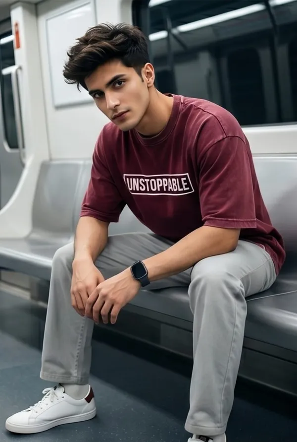 Hue_Nox_Men's_Maroon_Unstoppable_Graphic_Oversized_Acid_Washed_T-Shirt