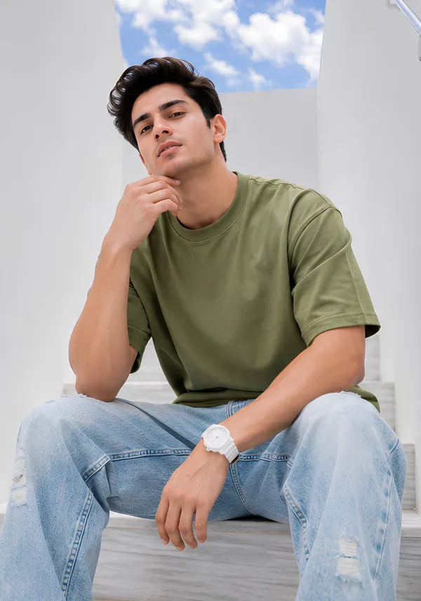 Hue_Nox_Men's_Army_Green_Plain_Oversized_T-Shirt