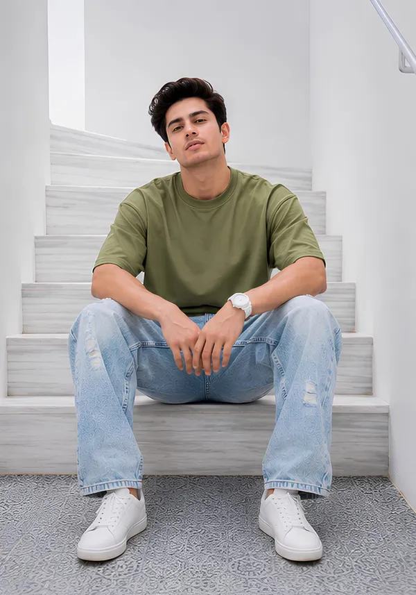 Hue_Nox_Men's_Army_Green_Plain_Oversized_T-Shirt