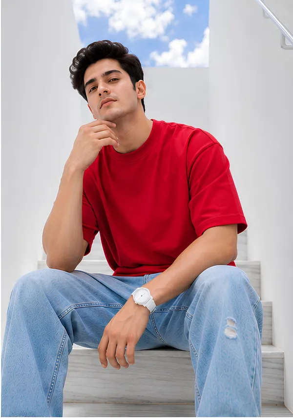 Hue_Nox_Men's_Red_Plain_Oversized_T-Shirt