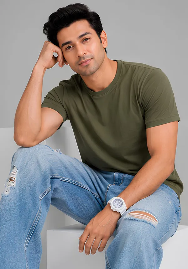Hue_Nox_Men's_Olive_Plain_Regular_Fit_T-Shirt