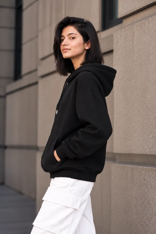 Hue_Nox_Women's_Black_Solid_Drop-Shoulder_Hoodie