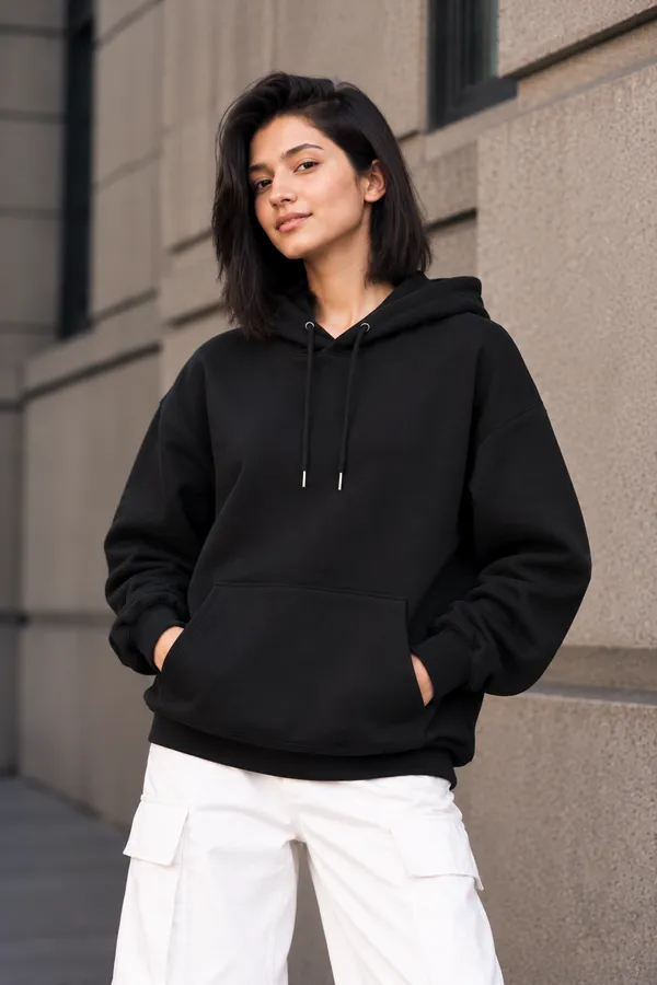 Hue_Nox_Women's_Black_Solid_Drop-Shoulder_Hoodie
