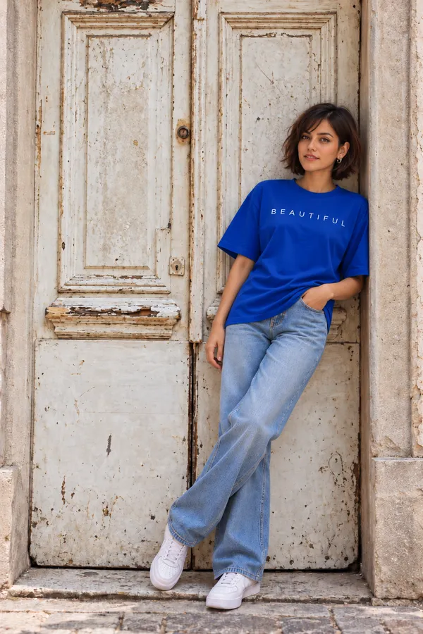 Hue_Nox_Women's_Royal_Blue_Beautiful_Typography_Oversized_T-Shirt