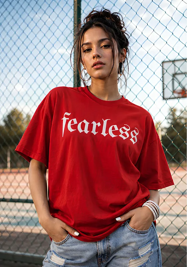 Hue_Nox_Women's_Red_Fearless_Graphic_Oversized_T-Shirt