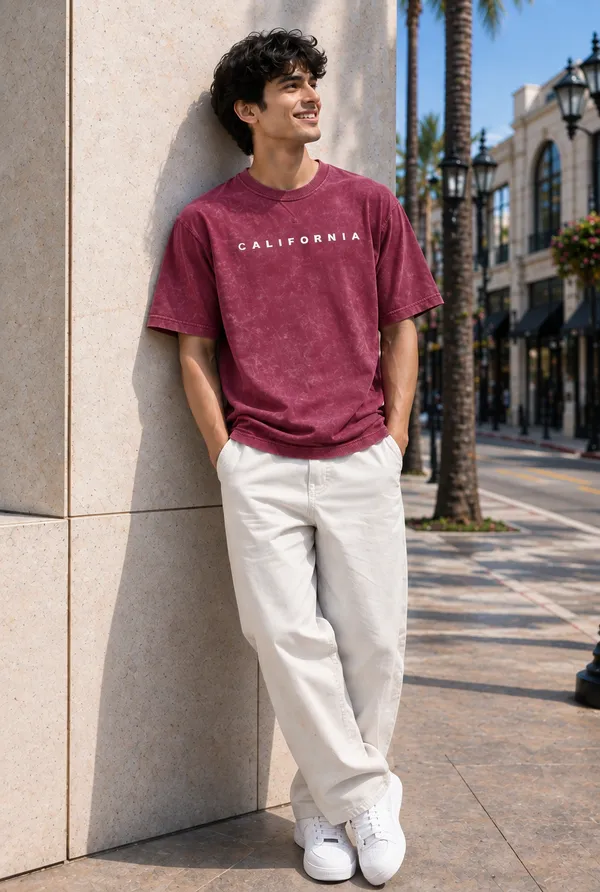 Hue_Nox_Men's_Maroon_California_Graphic_Acid_Washed_Oversized_T-Shirt