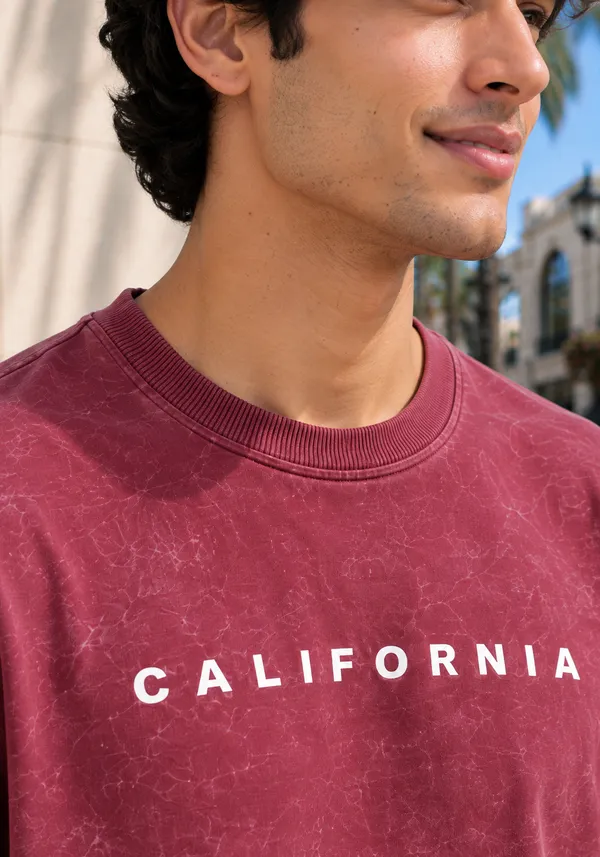 Hue_Nox_Men's_Maroon_California_Graphic_Acid_Washed_Oversized_T-Shirt