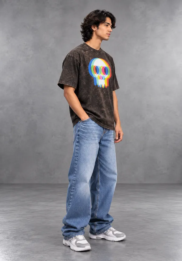 Hue_Nox_Men's_Charcoal_Brown_Skull_Glitch_Graphic_Oversized_Acid_Washed_T-Shirt