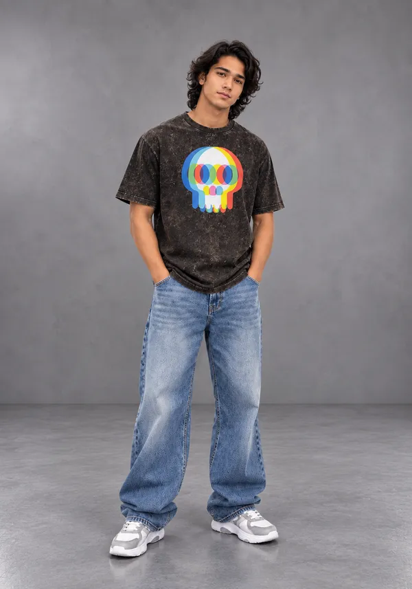 Hue_Nox_Men's_Charcoal_Brown_Skull_Glitch_Graphic_Oversized_Acid_Washed_T-Shirt