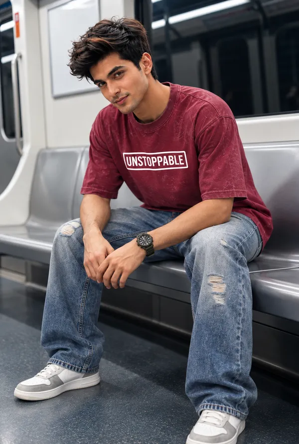 Hue_Nox_Men's_Maroon_Unstoppable_Graphic_Oversized_Acid_Washed_T-Shirt