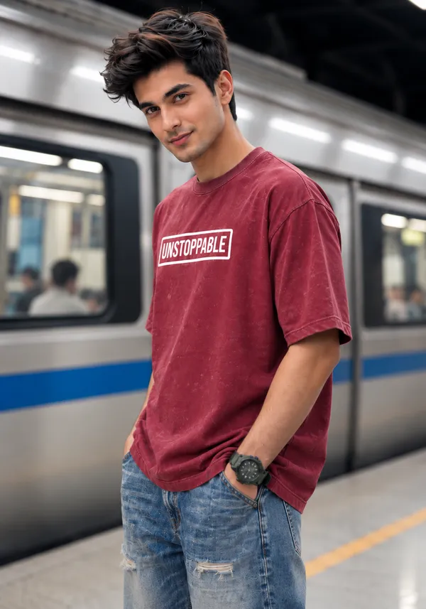 Hue_Nox_Men's_Maroon_Unstoppable_Graphic_Oversized_Acid_Washed_T-Shirt