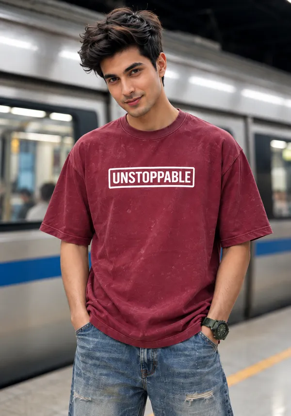 Hue_Nox_Men's_Maroon_Unstoppable_Graphic_Oversized_Acid_Washed_T-Shirt