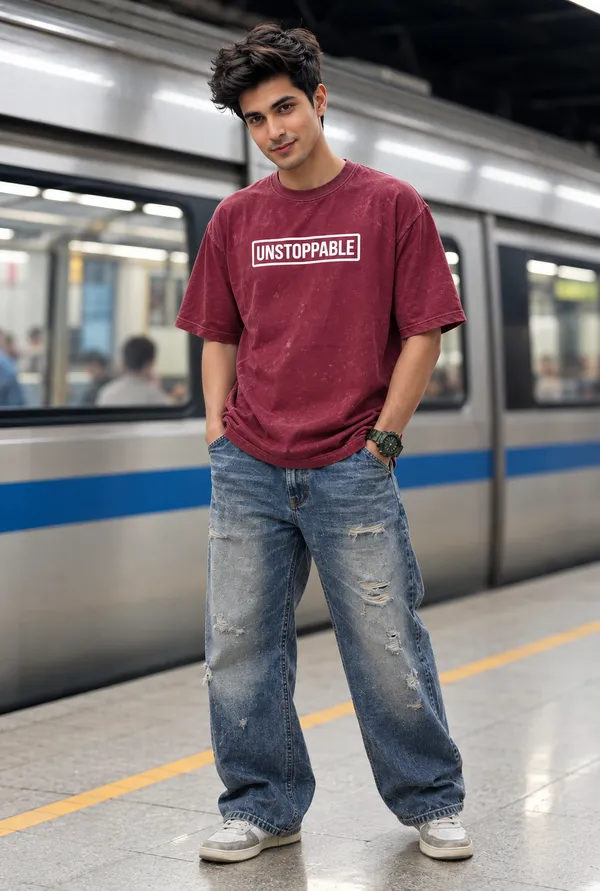 Hue_Nox_Men's_Maroon_Unstoppable_Graphic_Oversized_Acid_Washed_T-Shirt