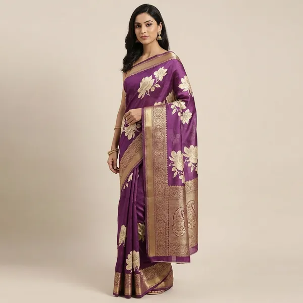 Purple_With_Golden_Banarasi_Silk_Saree_With_Floral_Weave_And_Rich_Border_For_Women