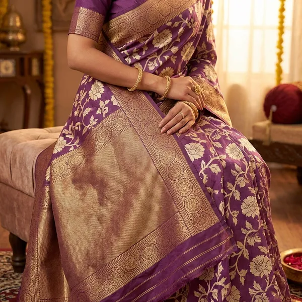 Purple_With_Golden_Banarasi_Silk_Saree_With_Floral_Weave_And_Rich_Border_For_Women