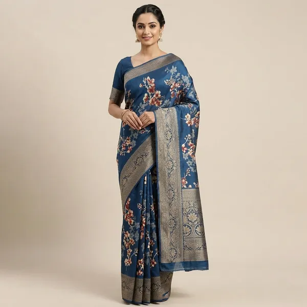 Blue_Floral_Print_Silk_Blend_Saree_With_Woven_Border_For_Women