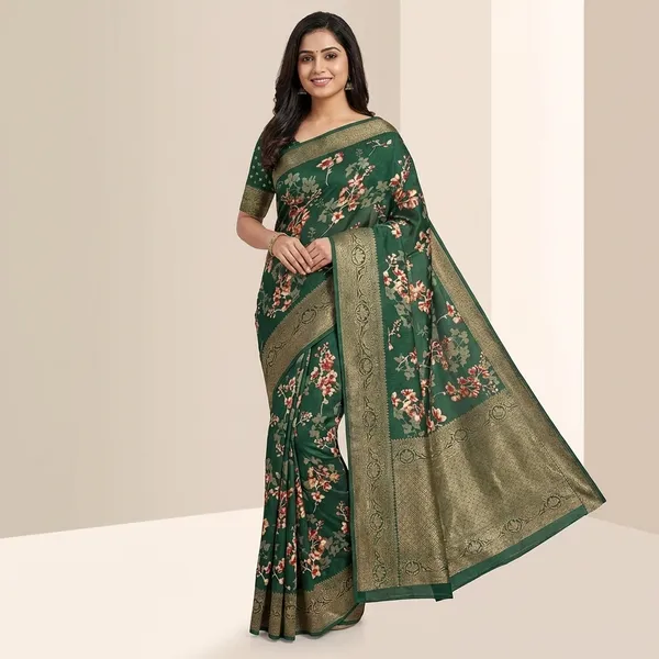 Green_Floral_Print_Banarasi_Silk_Saree_With_Zari_Border_For_Women