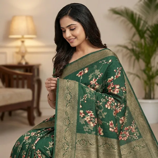 Green_Floral_Print_Banarasi_Silk_Saree_With_Zari_Border_For_Women