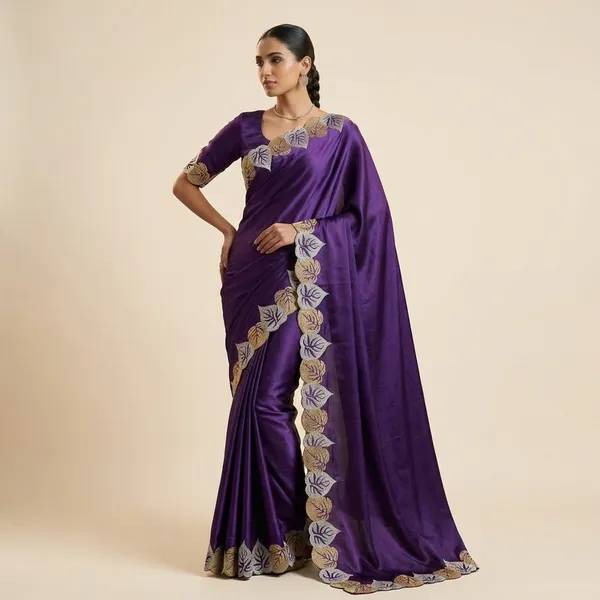 Purple_Satin_Saree_With_Embroidered_Leaf_Border_And_Blouse_For_Women