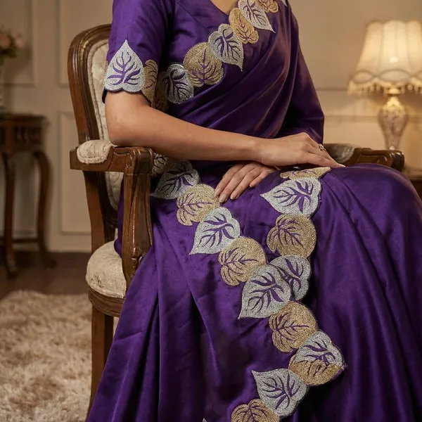 Purple_Satin_Saree_With_Embroidered_Leaf_Border_And_Blouse_For_Women