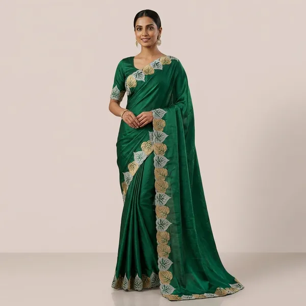Green_Elegant_Saree_With_Embroidered_Leaf_Border_For_Women