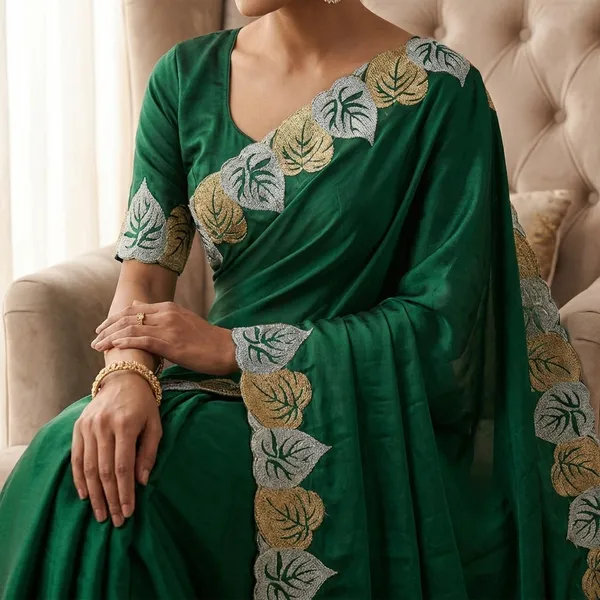 Green_Elegant_Saree_With_Embroidered_Leaf_Border_For_Women