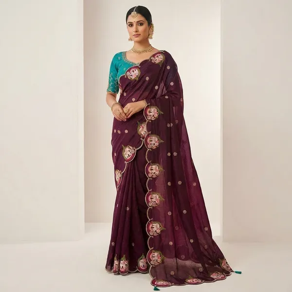 Purple_Elegant_Embroidered_Saree_With_Turquoise_Blouse_For_Women