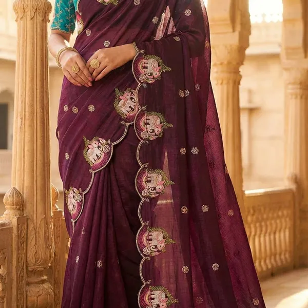 Purple_Elegant_Embroidered_Saree_With_Turquoise_Blouse_For_Women