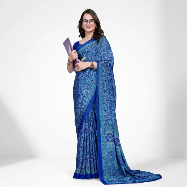 Blue_Paisley_Printed_Saree_With_Matching_Blouse_Professional_Wear_For_Women