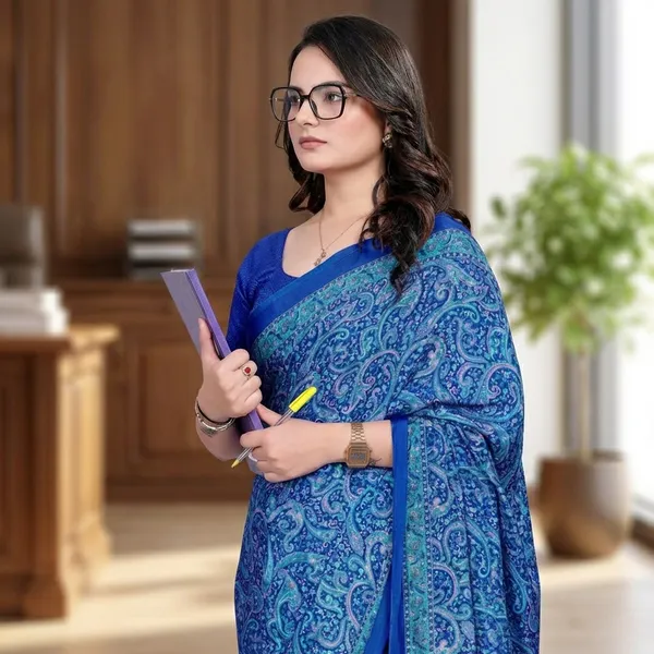 Blue_Paisley_Printed_Saree_With_Matching_Blouse_Professional_Wear_For_Women
