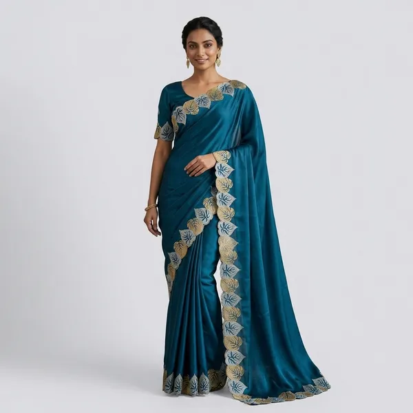 Blue_Embroidered_Saree_With_Blouse_Piece_Leaf_Pattern_Border_For_Women