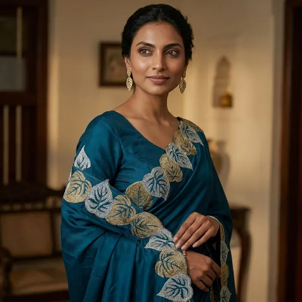 Blue_Embroidered_Saree_With_Blouse_Piece_Leaf_Pattern_Border_For_Women